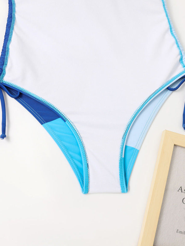 Blue Zone Planet |  New One-Piece Swimsuit Multicolor Stitching Drawstring Corrugated Ladies Swimsuit kakaclo