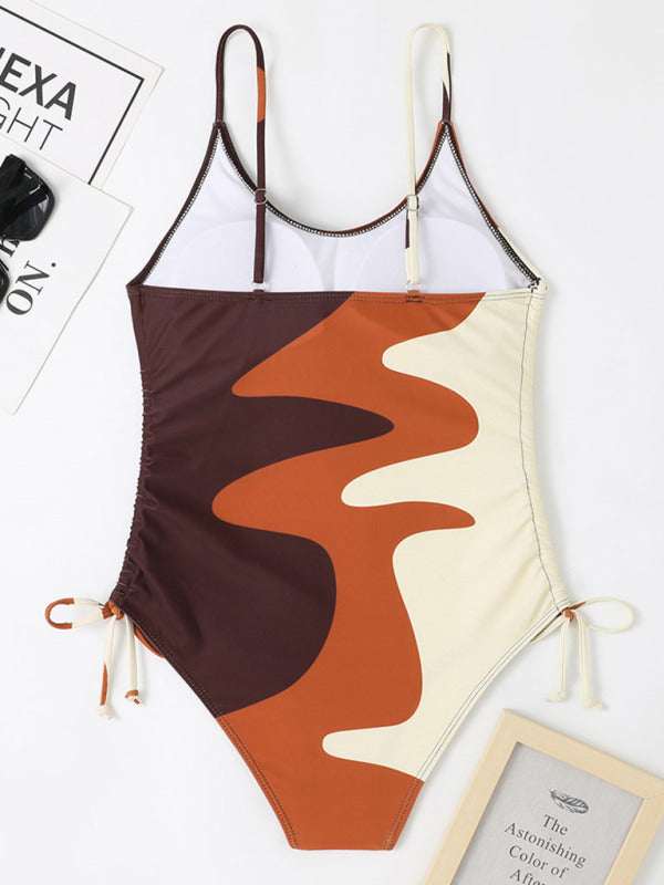 Blue Zone Planet |  New One-Piece Swimsuit Multicolor Stitching Drawstring Corrugated Ladies Swimsuit kakaclo