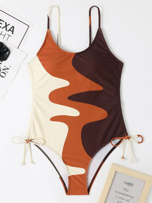 Blue Zone Planet |  New One-Piece Swimsuit Multicolor Stitching Drawstring Corrugated Ladies Swimsuit kakaclo