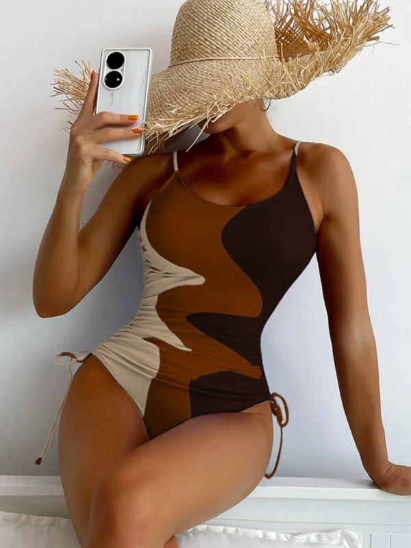 Blue Zone Planet |  New One-Piece Swimsuit Multicolor Stitching Drawstring Corrugated Ladies Swimsuit kakaclo