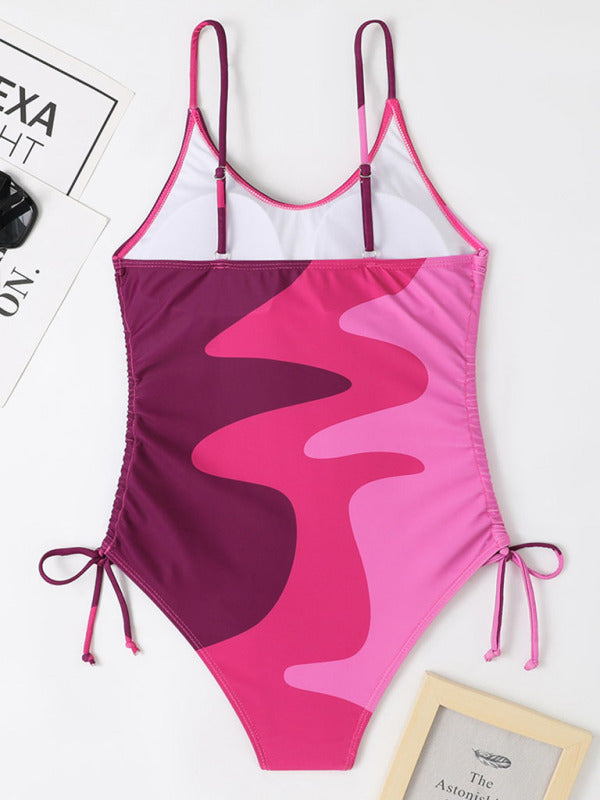 Blue Zone Planet |  New One-Piece Swimsuit Multicolor Stitching Drawstring Corrugated Ladies Swimsuit kakaclo