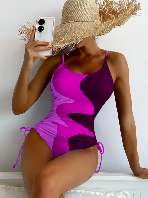 Blue Zone Planet |  New One-Piece Swimsuit Multicolor Stitching Drawstring Corrugated Ladies Swimsuit kakaclo