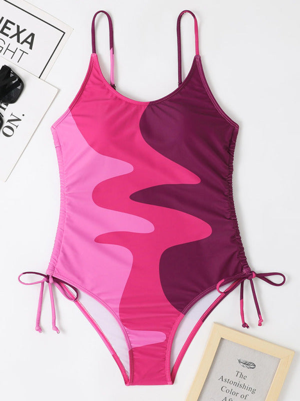 Blue Zone Planet |  New One-Piece Swimsuit Multicolor Stitching Drawstring Corrugated Ladies Swimsuit kakaclo