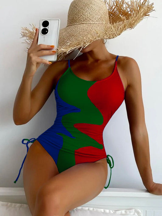 Blue Zone Planet |  New One-Piece Swimsuit Multicolor Stitching Drawstring Corrugated Ladies Swimsuit kakaclo