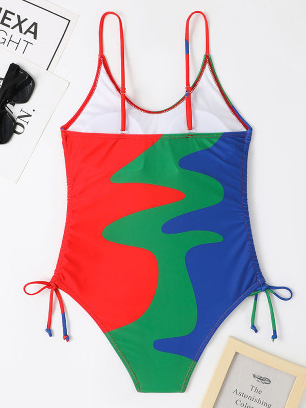 Blue Zone Planet |  New One-Piece Swimsuit Multicolor Stitching Drawstring Corrugated Ladies Swimsuit kakaclo