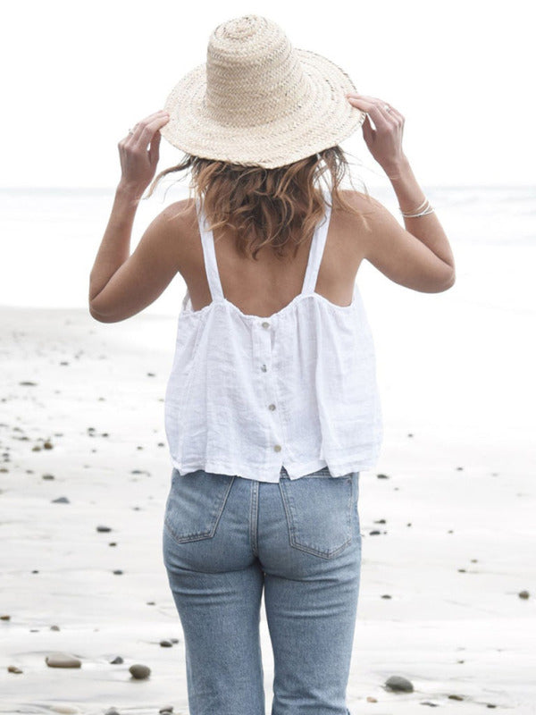 French Niche Design Retro Vacation Linen Backless Cropped Top BLUE ZONE PLANET