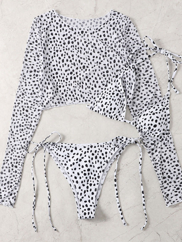 Blue Zone Planet |  New swimwear long-sleeved mesh jacket ladies three-piece swimsuit leopard print sexy bikini kakaclo