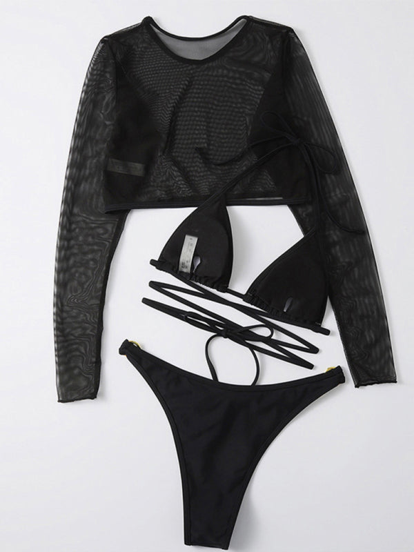 Blue Zone Planet |  Long-sleeved mesh jacket three-piece swimsuit solid color sexy bikini BLUE ZONE PLANET