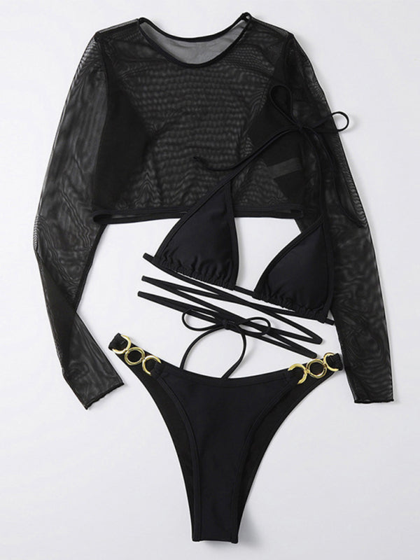 Blue Zone Planet |  Long-sleeved mesh jacket three-piece swimsuit solid color sexy bikini BLUE ZONE PLANET