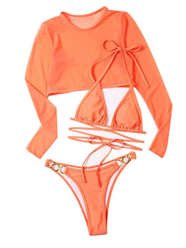 Blue Zone Planet |  Long-sleeved mesh jacket three-piece swimsuit solid color sexy bikini BLUE ZONE PLANET