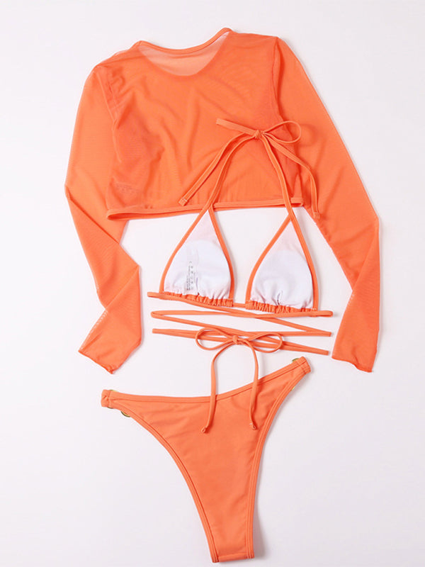 Blue Zone Planet |  Long-sleeved mesh jacket three-piece swimsuit solid color sexy bikini BLUE ZONE PLANET