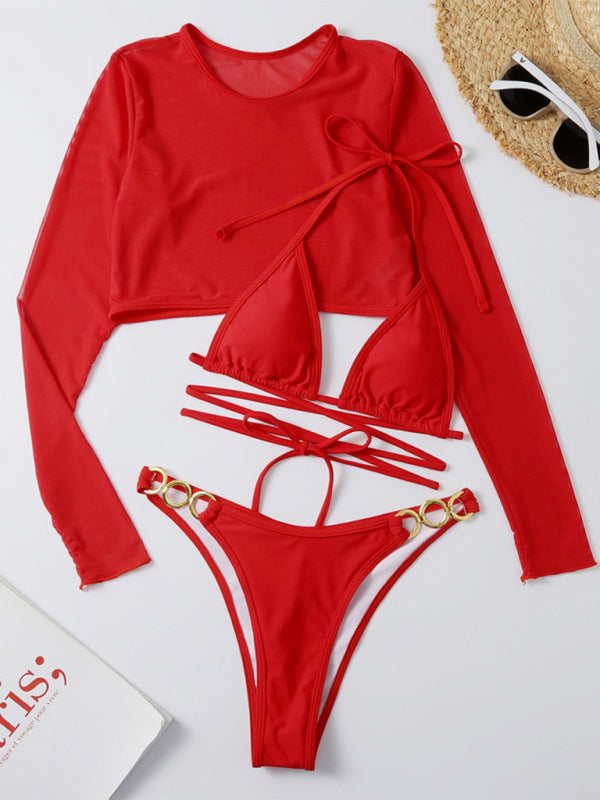 Blue Zone Planet |  Long-sleeved mesh jacket three-piece swimsuit solid color sexy bikini BLUE ZONE PLANET