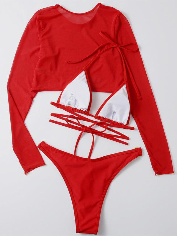Blue Zone Planet |  Long-sleeved mesh jacket three-piece swimsuit solid color sexy bikini BLUE ZONE PLANET