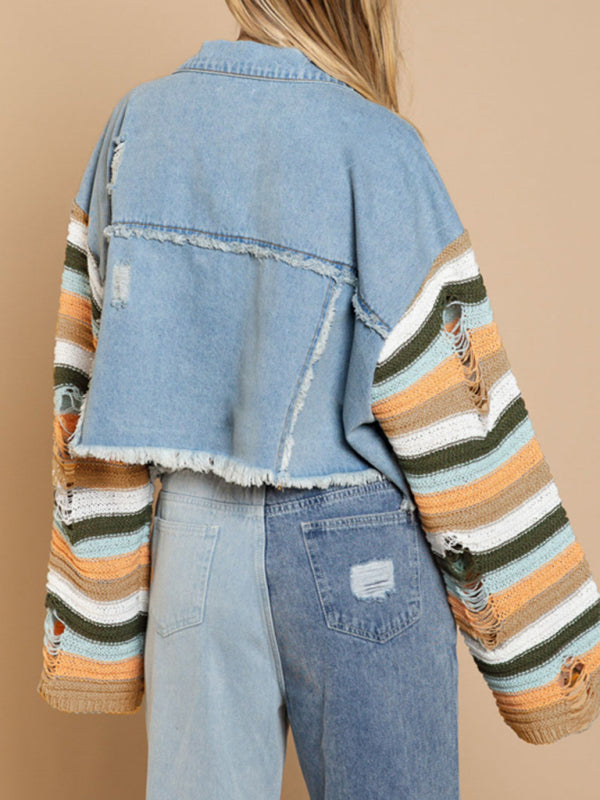 fashion denim rainbow long-sleeved splicing jacket kakaclo
