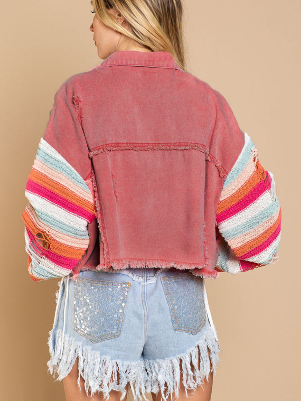 fashion denim rainbow long-sleeved splicing jacket kakaclo