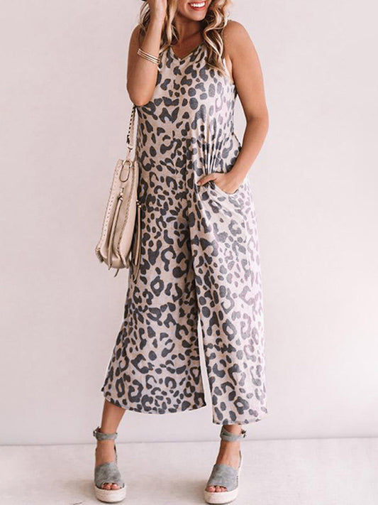 fashion V-neck leopard print sleeveless jumpsuit BLUE ZONE PLANET