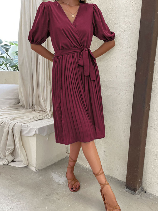Solid Color Tie V Neck Pleated Dress BLUE ZONE PLANET