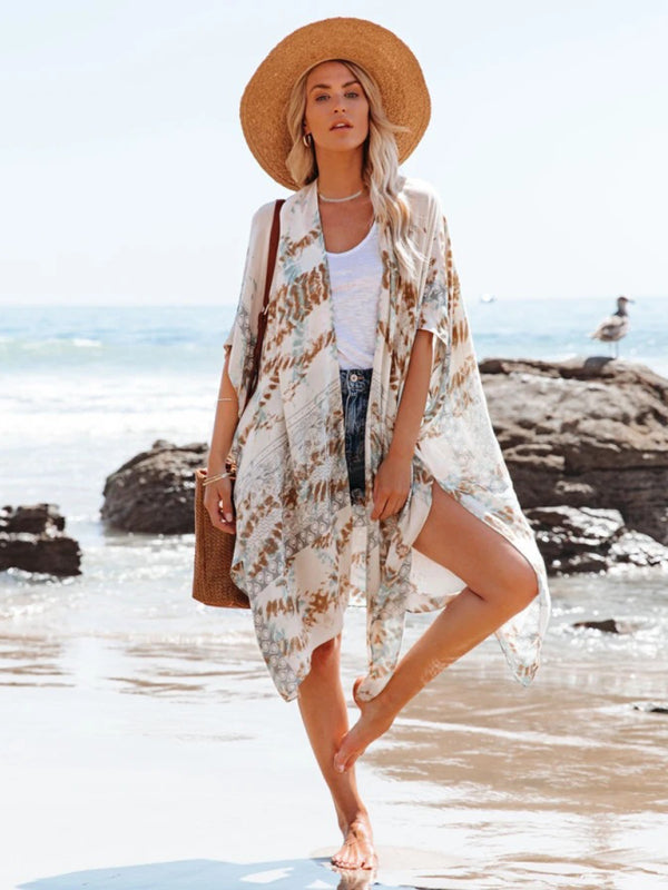 Blue Zone Planet |  mid-length slit chiffon printed beach sunscreen blouse holiday style BLUE ZONE PLANET