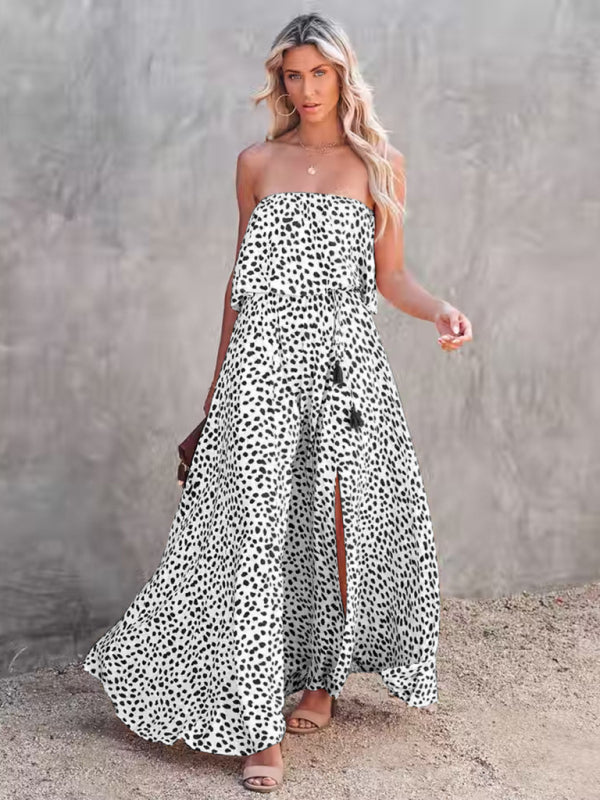 style leopard print one-shoulder ruffle slit dress kakaclo