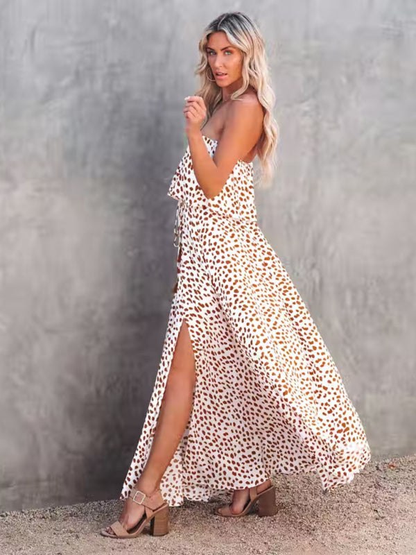 style leopard print one-shoulder ruffle slit dress kakaclo