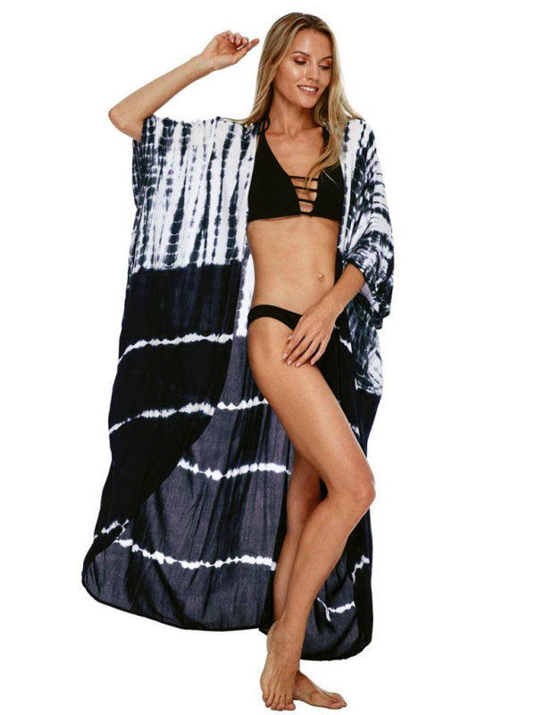 Blue Zone Planet |  Beach Cover-Up Rayon Tie-Dye Graphic Print Sunscreen Cardigan BLUE ZONE PLANET