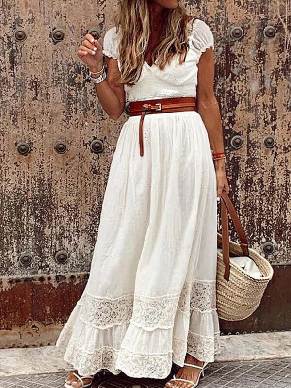Blue Zone Planet |  V-neck long lace stitching elegant maxi dress BLUE ZONE PLANET