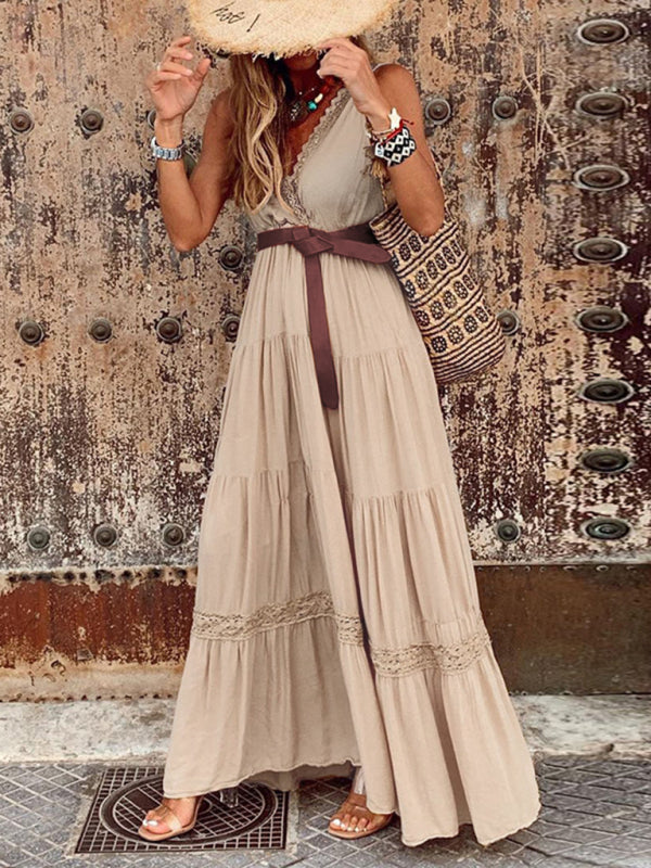 New French style high waist V-neck stitching mid-length dress maxi dress BLUE ZONE PLANET