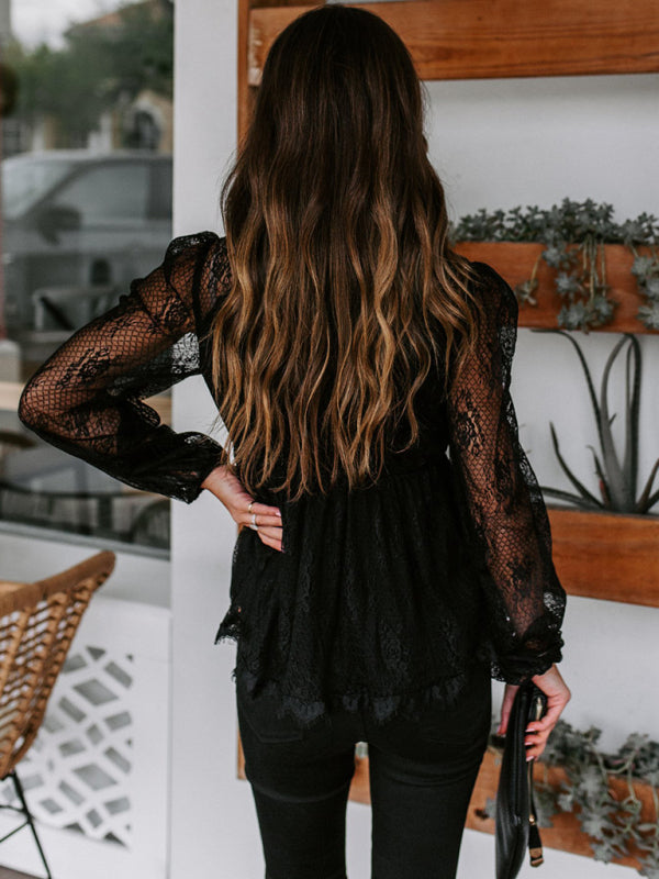 Lace Embroidery Stitching Lace Bow Tie Long Sleeve Top kakaclo