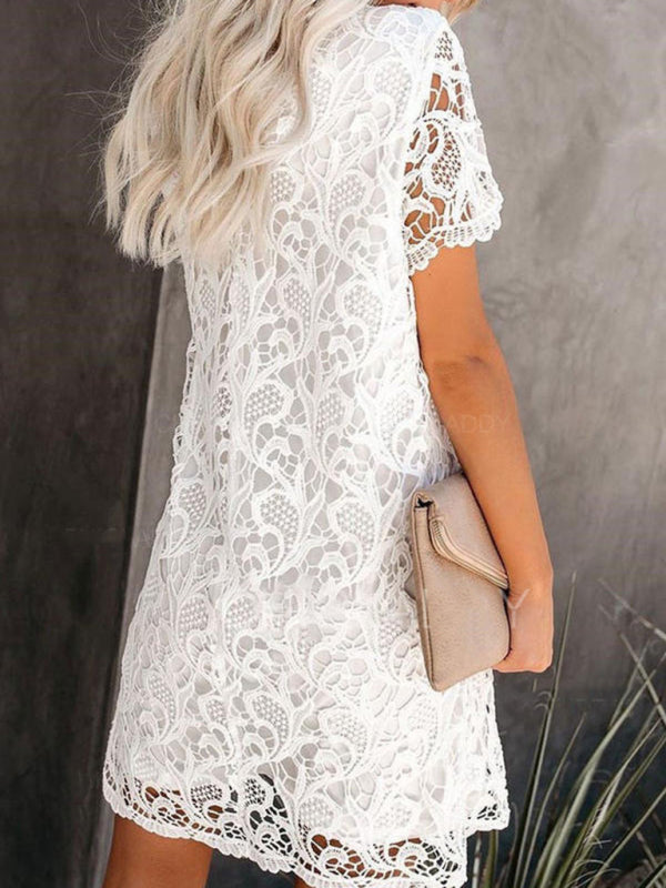 and elegant round neck hollow lace midi dress kakaclo