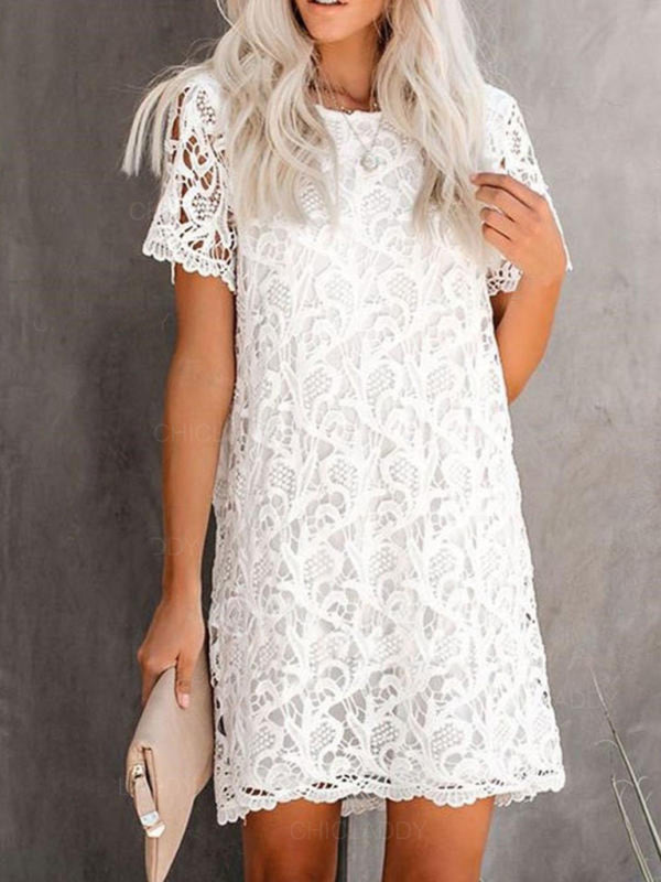 and elegant round neck hollow lace midi dress kakaclo