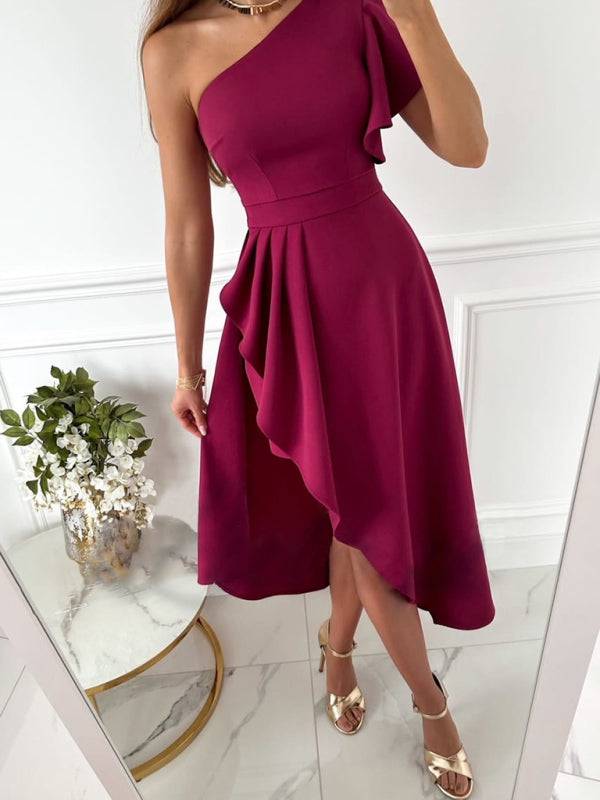 Blue Zone Planet |  Women's Solid Color Elegant Slash Neck Slit Solid Color Dress BLUE ZONE PLANET