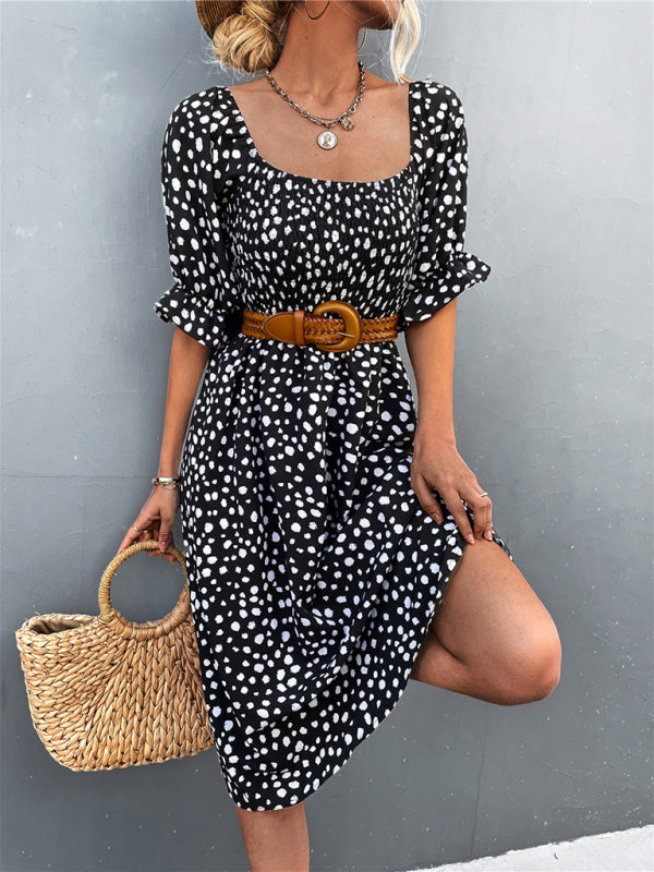 Blue Zone Planet | Casual Square Neck One-Word Neck Two-Wear Retro Leopard Print Dress kakaclo