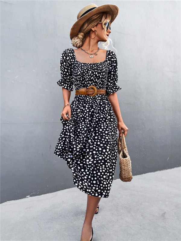 Blue Zone Planet | Casual Square Neck One-Word Neck Two-Wear Retro Leopard Print Dress kakaclo