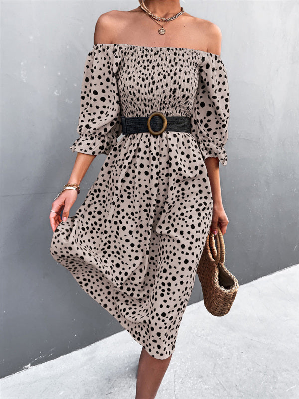 Blue Zone Planet | Casual Square Neck One-Word Neck Two-Wear Retro Leopard Print Dress kakaclo