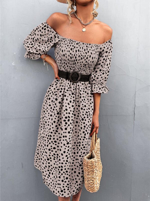 Blue Zone Planet | Casual Square Neck One-Word Neck Two-Wear Retro Leopard Print Dress kakaclo