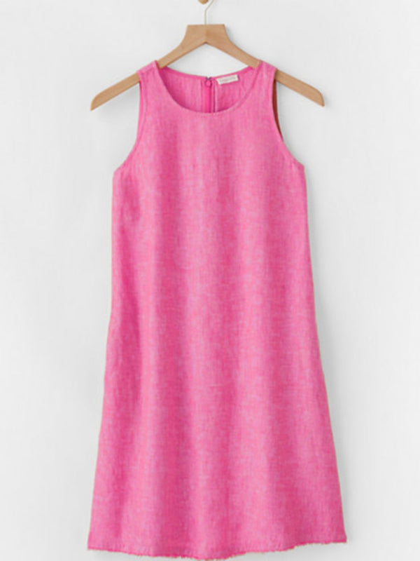 Woven Cotton Linen Comfortable Round Neck Sleeveless Dress kakaclo