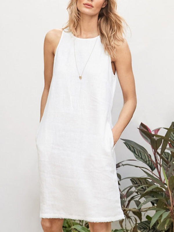 Woven Cotton Linen Comfortable Round Neck Sleeveless Dress kakaclo