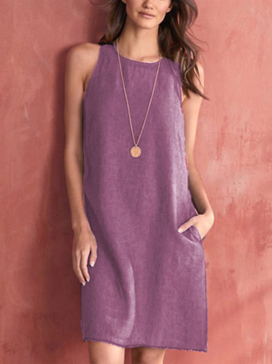 Woven Cotton Linen Comfortable Round Neck Sleeveless Dress kakaclo