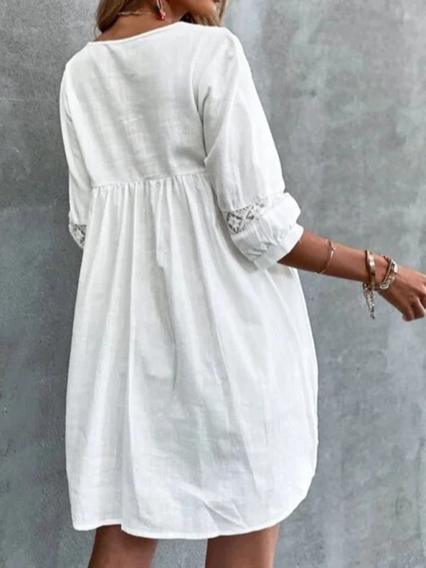 Blue Zone Planet |  New V-neck simple cotton mid-sleeve casual vacation dress kakaclo