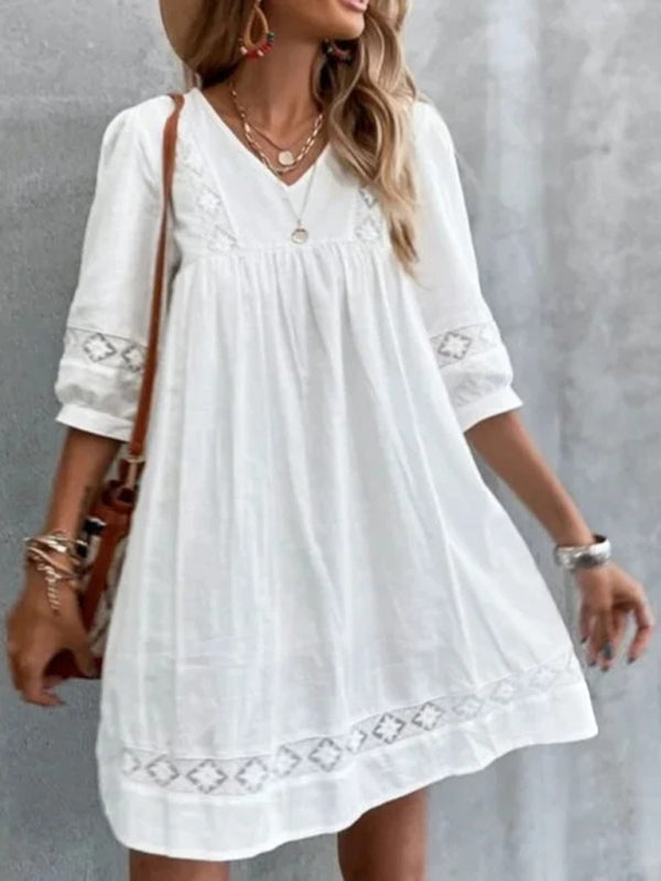 Blue Zone Planet |  New V-neck simple cotton mid-sleeve casual vacation dress kakaclo