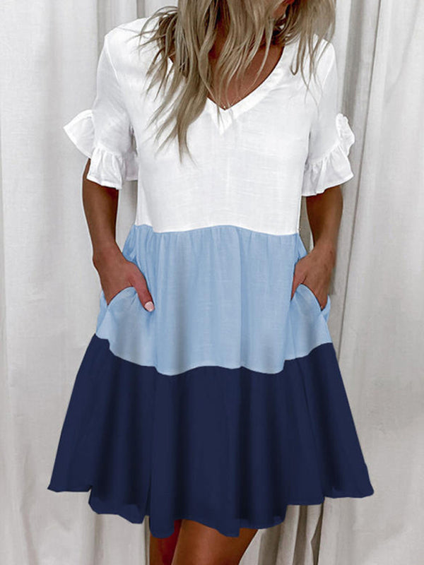 Blue Zone Planet |  Loose Fashion V-neck Short Print Ruffle Pocket Dress BLUE ZONE PLANET