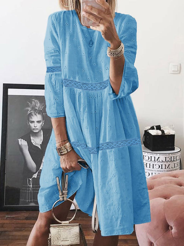 Lace Stitching Hollow Embroidered Three Quarter Sleeve Dress-[Adult]-[Female]-Blue-S-2022 Online Blue Zone Planet