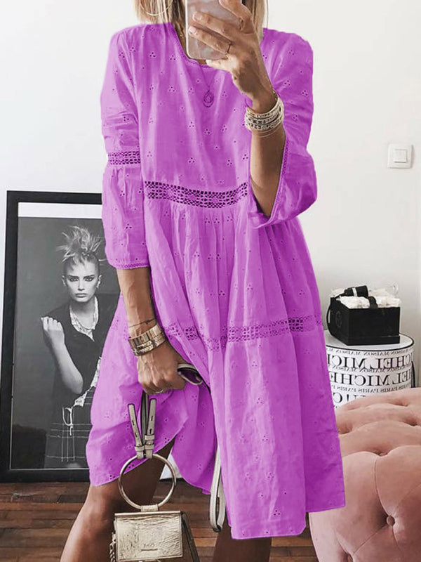 Lace Stitching Hollow Embroidered Three Quarter Sleeve Dress-[Adult]-[Female]-Purple-S-2022 Online Blue Zone Planet