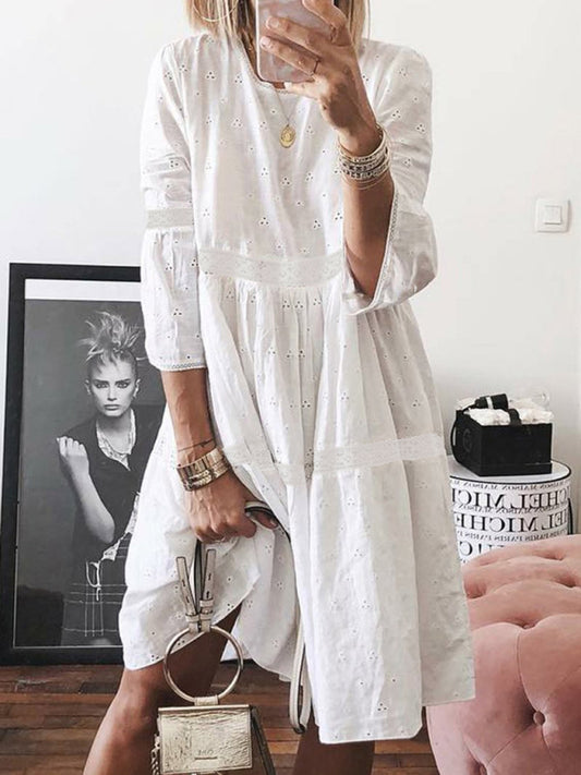 Lace Stitching Hollow Embroidered Three Quarter Sleeve Dress-[Adult]-[Female]-White-S-2022 Online Blue Zone Planet