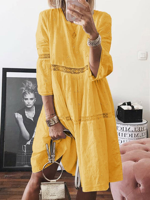 Lace Stitching Hollow Embroidered Three Quarter Sleeve Dress-[Adult]-[Female]-Yellow-S-2022 Online Blue Zone Planet