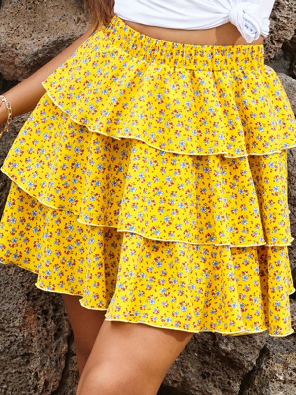 Skirt a-line skirt new elastic layer cake floral pleated skirt kakaclo