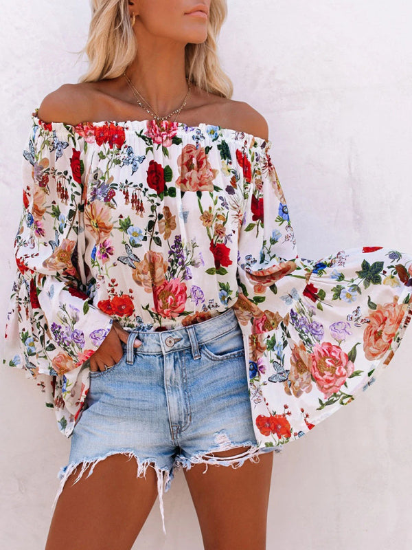 Blue Zone Planet | print one-shoulder bell sleeve high waist all-match top BLUE ZONE PLANET