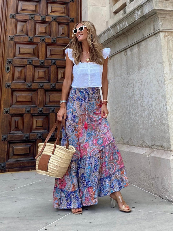 Blue Zone Planet |  Street temperament women's printed long skirt ruffled skirt skirt kakaclo