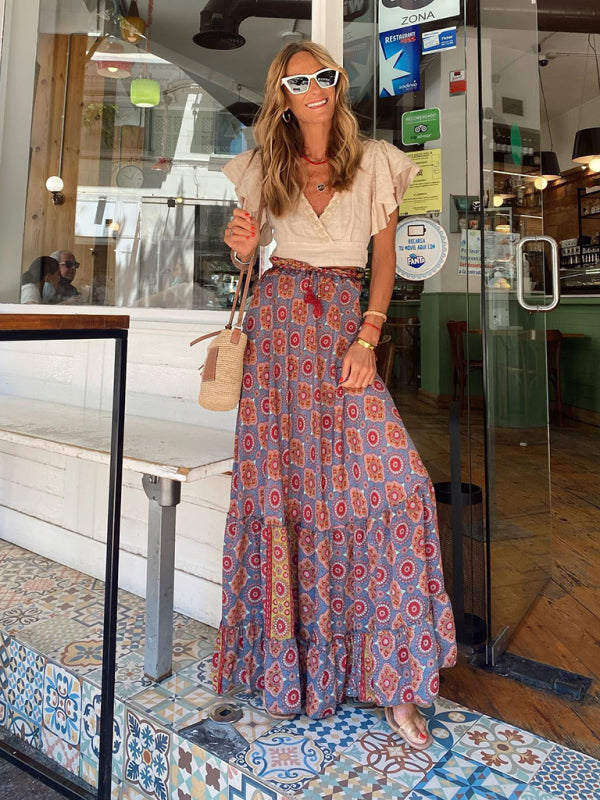 Blue Zone Planet |  Street temperament women's printed long skirt ruffled skirt skirt kakaclo