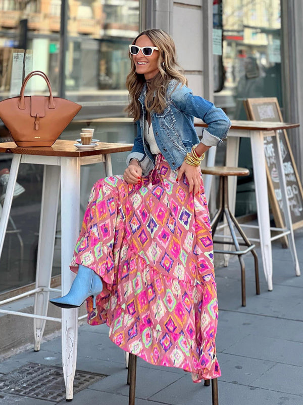Blue Zone Planet |  Street temperament women's printed long skirt ruffled skirt skirt kakaclo